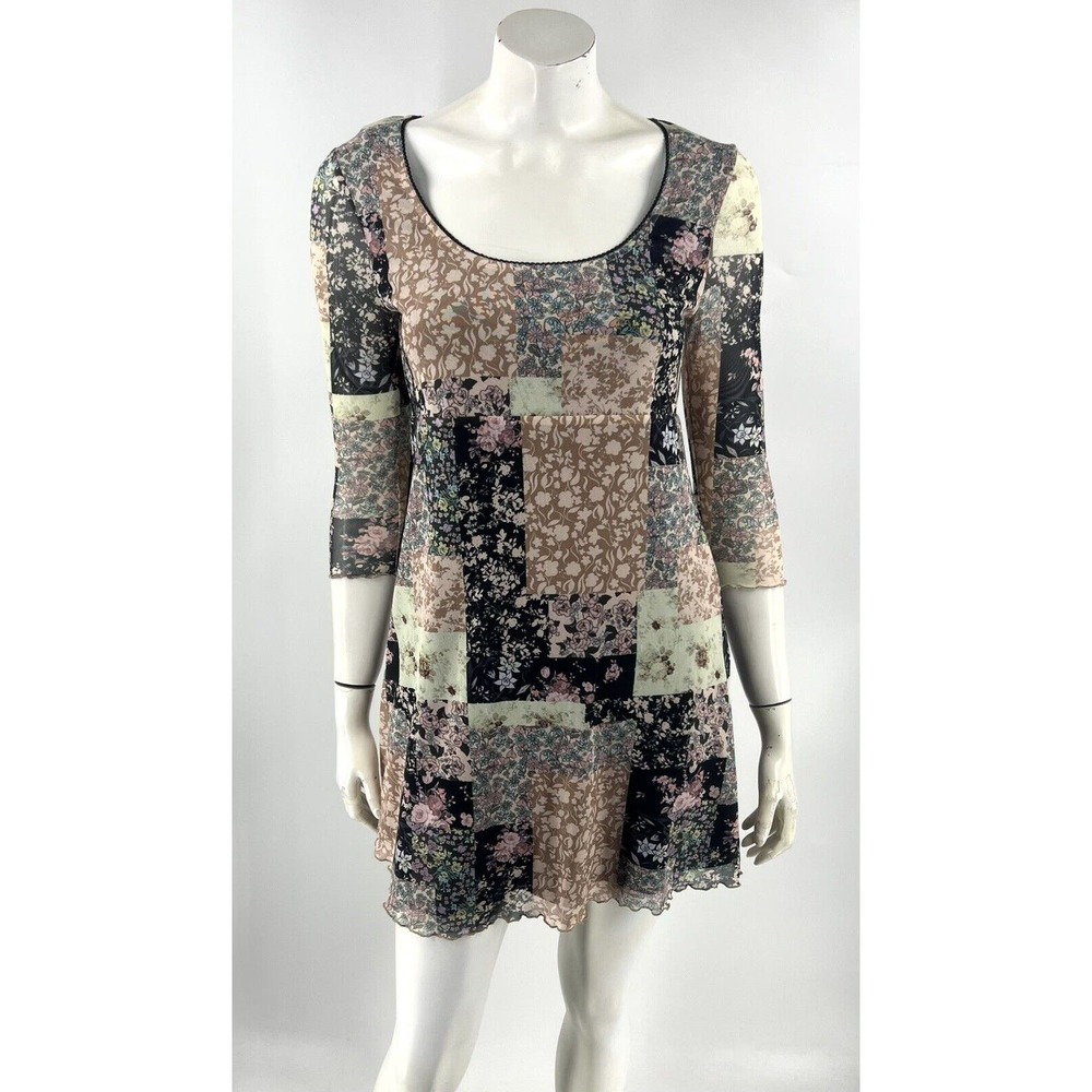 STR Mini Dress Size Large Mesh Patchwork Print Black Pink Green Floral Babydoll